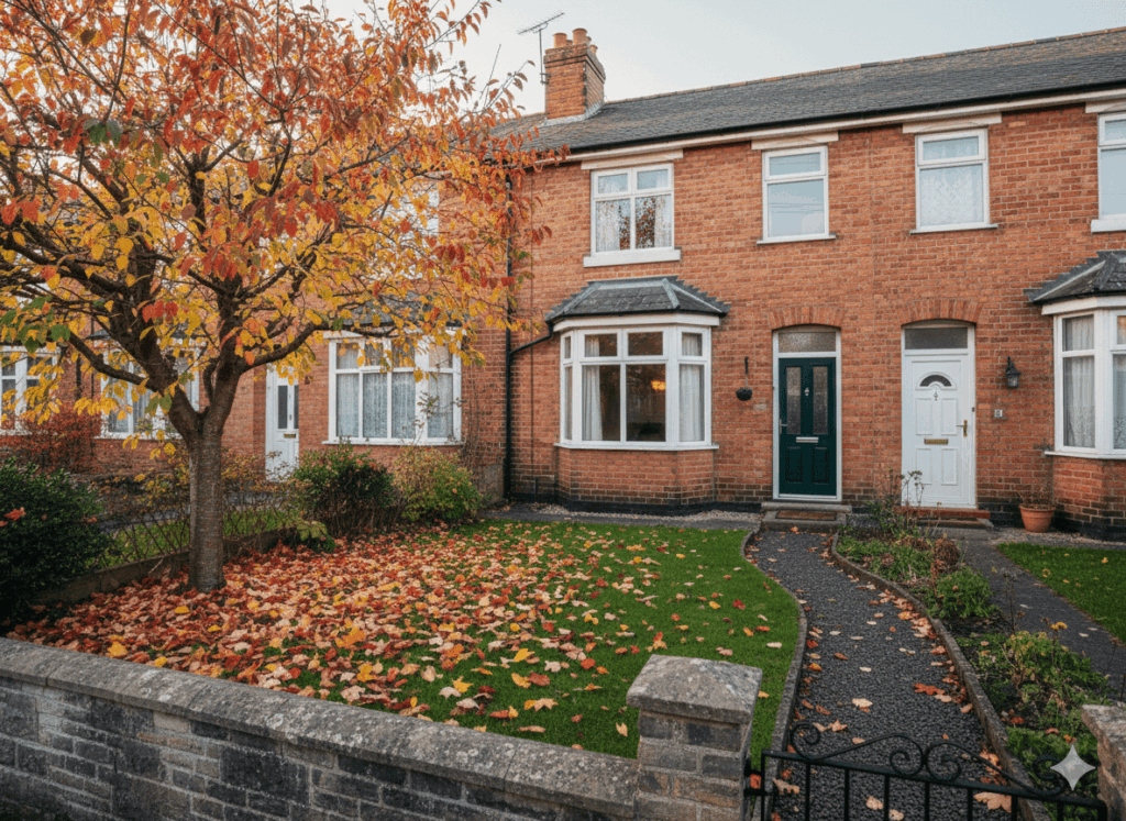 Typical UK house with autumn leaves